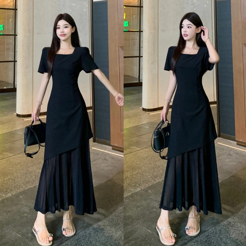 大码胖mm韩版气质方领显瘦遮肚子网纱拼接小黑裙子连衣裙女