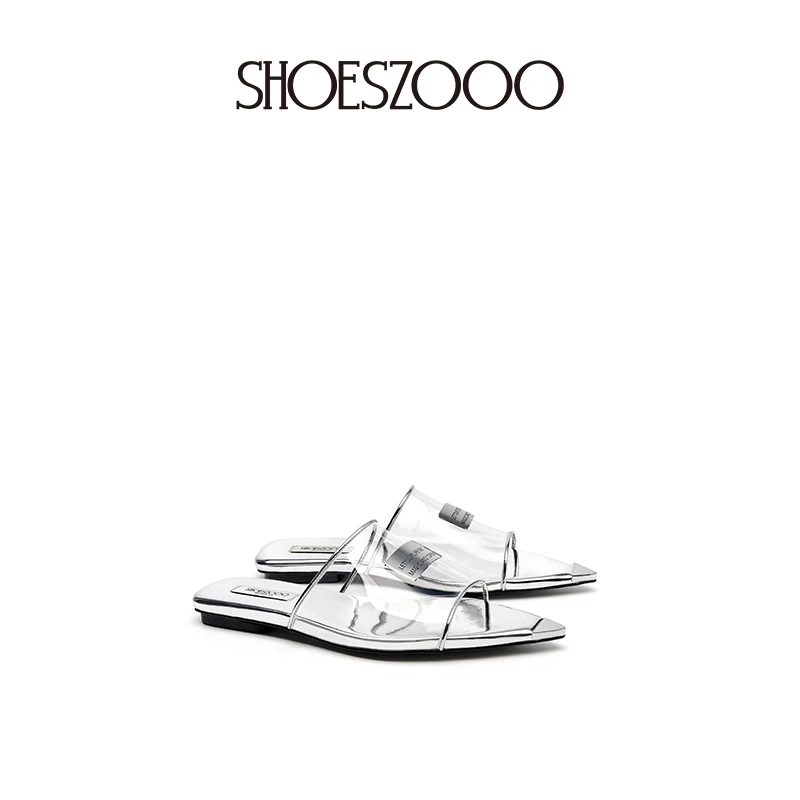 SHOESZOOO透明夏季室外穿法式凉拖鞋时装尖头平底凉鞋一字拖鞋女