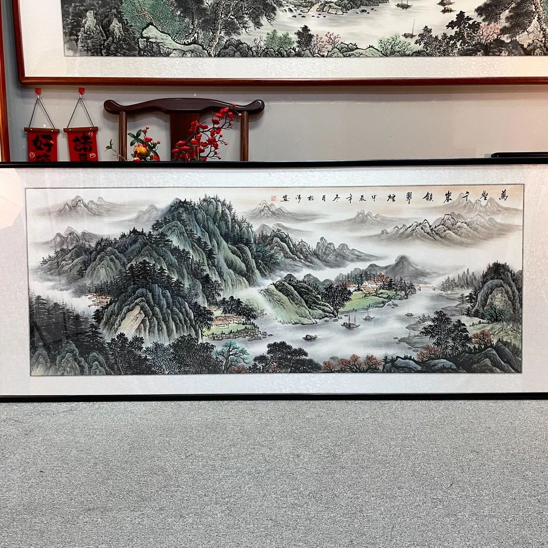 纯手绘-万壑千岩锁翠烟【220*90】国画山水画客厅挂画字画直播间