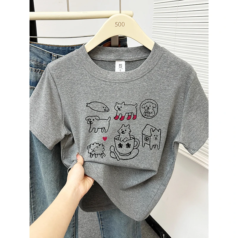 正肩短袖T恤大码女装时尚圆领线条动物图案印花显瘦半袖夏季上衣