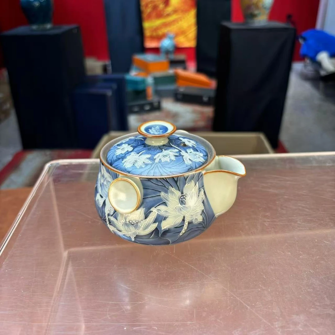 秋香茶具 掐丝银蓝彩荷花铜钱双耳旅行茶具便携式旅行茶具-6009
