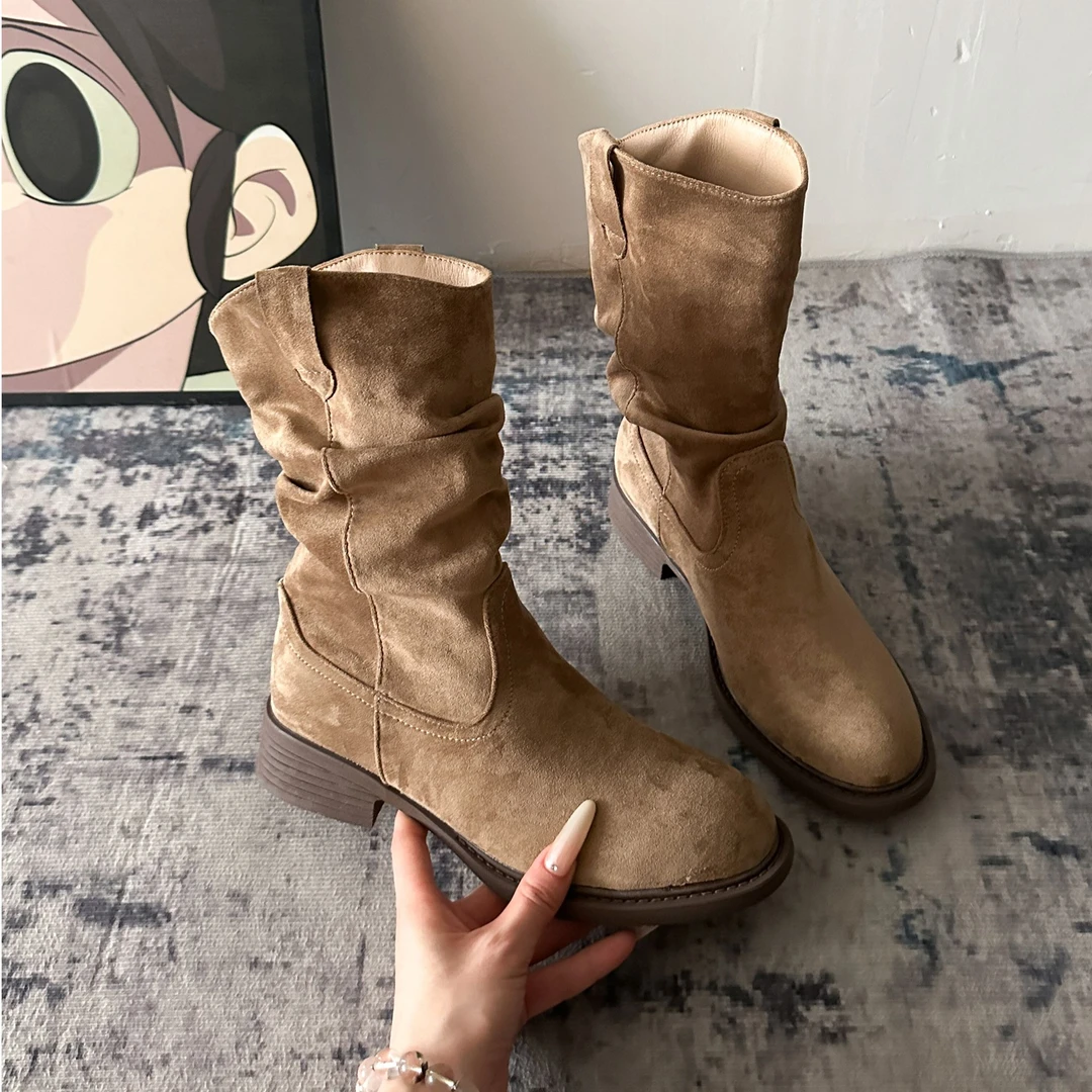 《内增高7cm》堆堆靴2025秋季新款复古风舒适马丁靴百搭中筒骑士靴