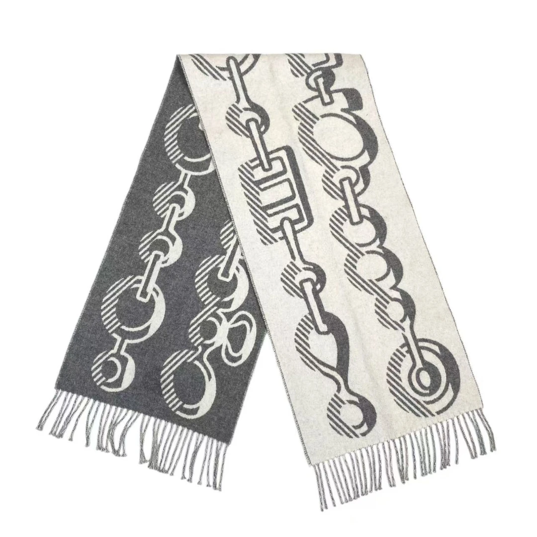 未使用 Hermes/爱马仕 aa3076 山羊绒 图案印花双面羊绒围巾 均码