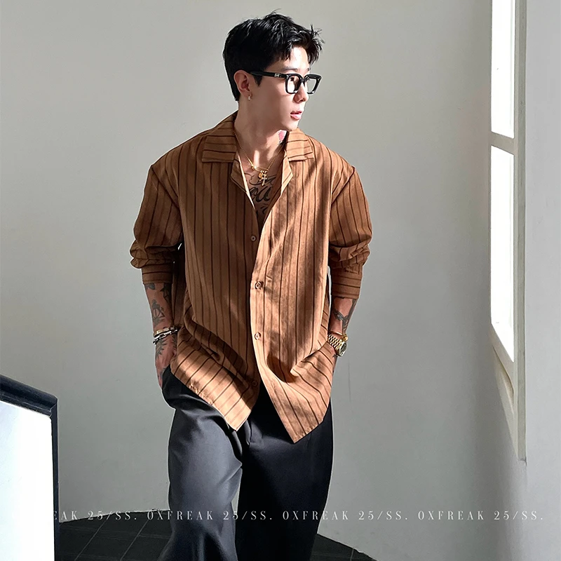 OXFREAK 「定染工艺 高级感」撞色条纹古巴领长袖衬衫男宽松外套