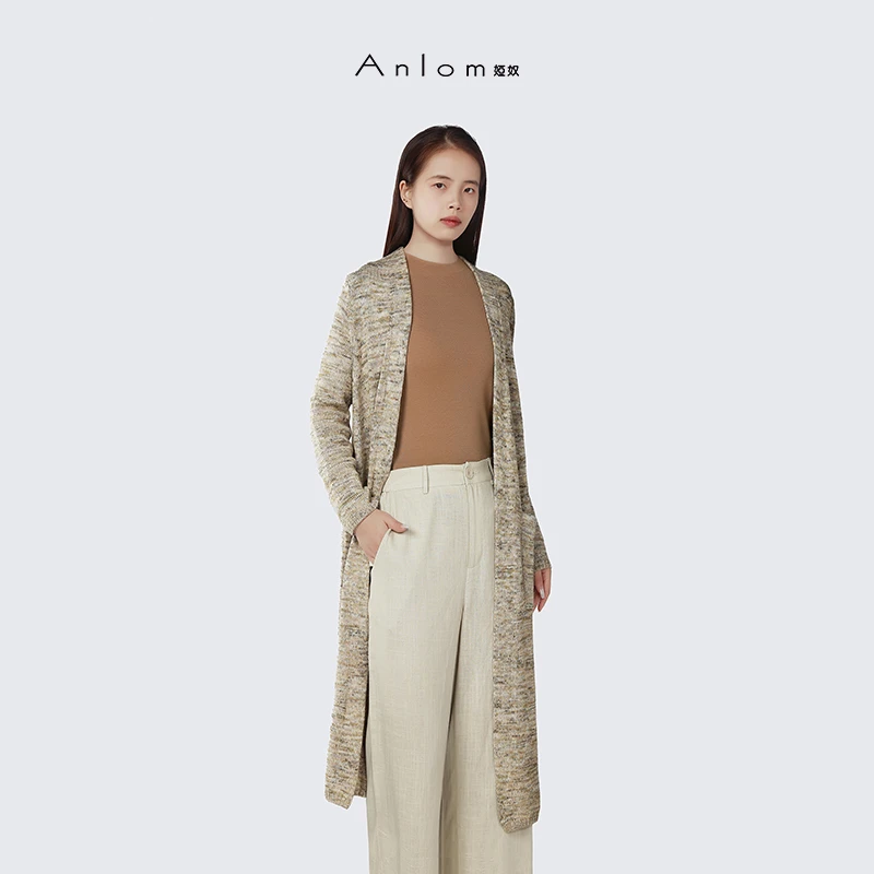 Anlom/娅奴秋季新款绵羊毛针织开衫纯色休闲优雅通勤大衣外套