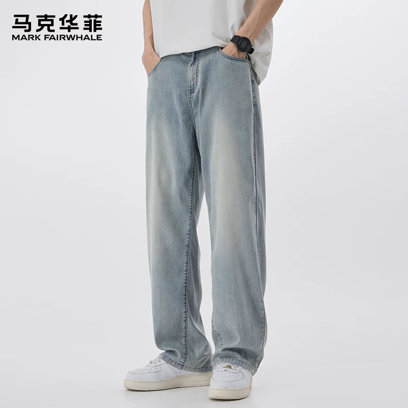 马克华菲夏季薄款莱塞尔冰丝牛仔裤男士宽松直筒美式潮牌垂感长裤
