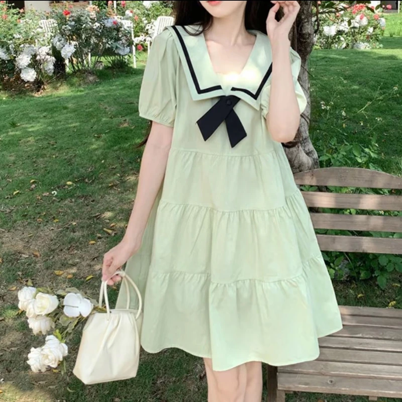 学院风减龄小清新娃娃裙子夏季爆款大码学生宽松显瘦海军领连衣裙