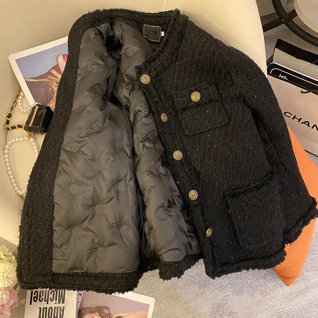 RoseMood黑色小香风羽绒服女2025冬季新款亮丝细闪羊毛呢子厚外套