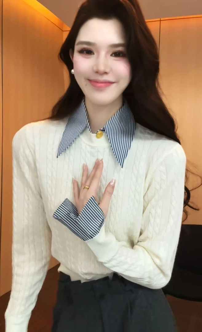 【松茶可可】高级感时尚百搭显瘦拼接假两件针织上衣ZKK1078款