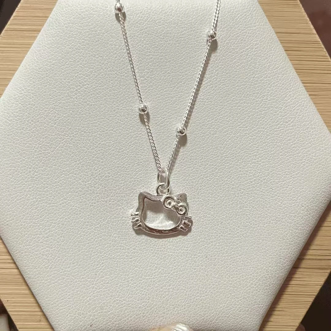 坠链均足银 足银999镂空HelloKitty猫头可爱项链简约锁骨链百搭