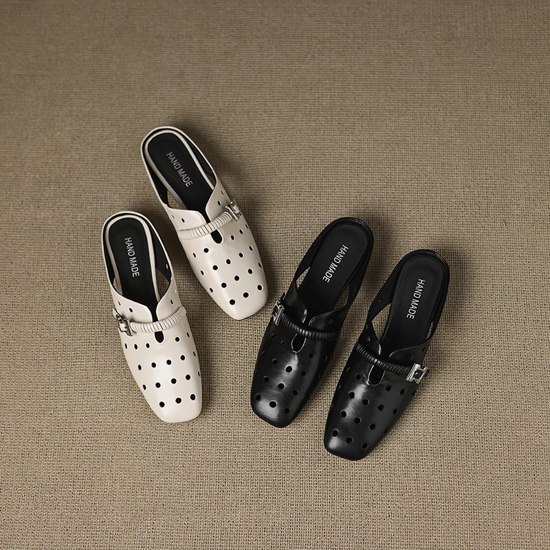 牛皮2.5公分/复古休闲真皮镂空方头粗跟半拖夏季包头时尚百搭凉拖