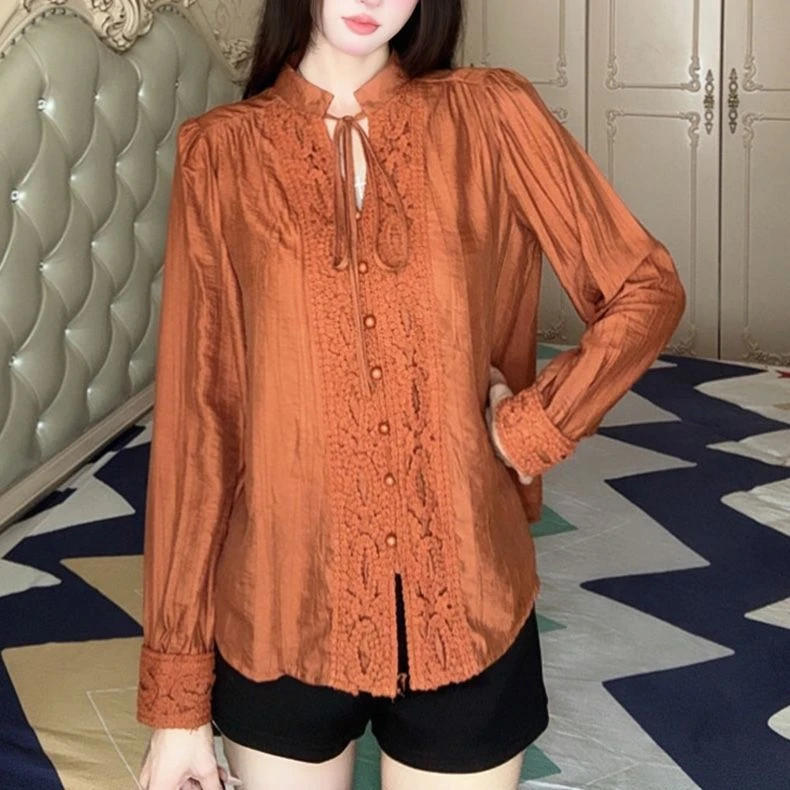 2025秋季时尚复古落肩袖拼接宽松型常规款长袖衬衫百搭上衣宽松