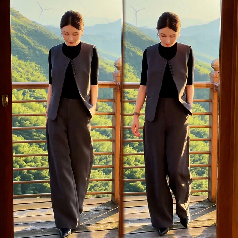 时尚套装女2025秋季新款时髦洋气长袖打底衫马甲阔腿裤气质三件套