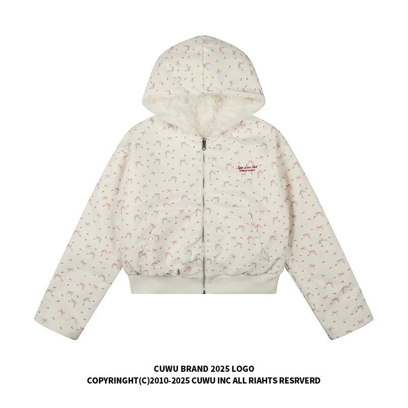 cuwu甜美蝴蝶结满印连帽棉服女冬季宽松双面穿羊羔毛短款棉衣外套