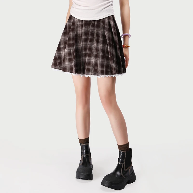 RAQBQ32631百褶半身裙女夏季2025新款小个子高腰a字格子短裙女