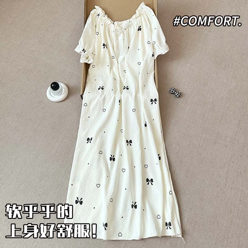 睡裙女夏季短袖薄款甜美公主风中长款睡衣新款可一字领网红家居服