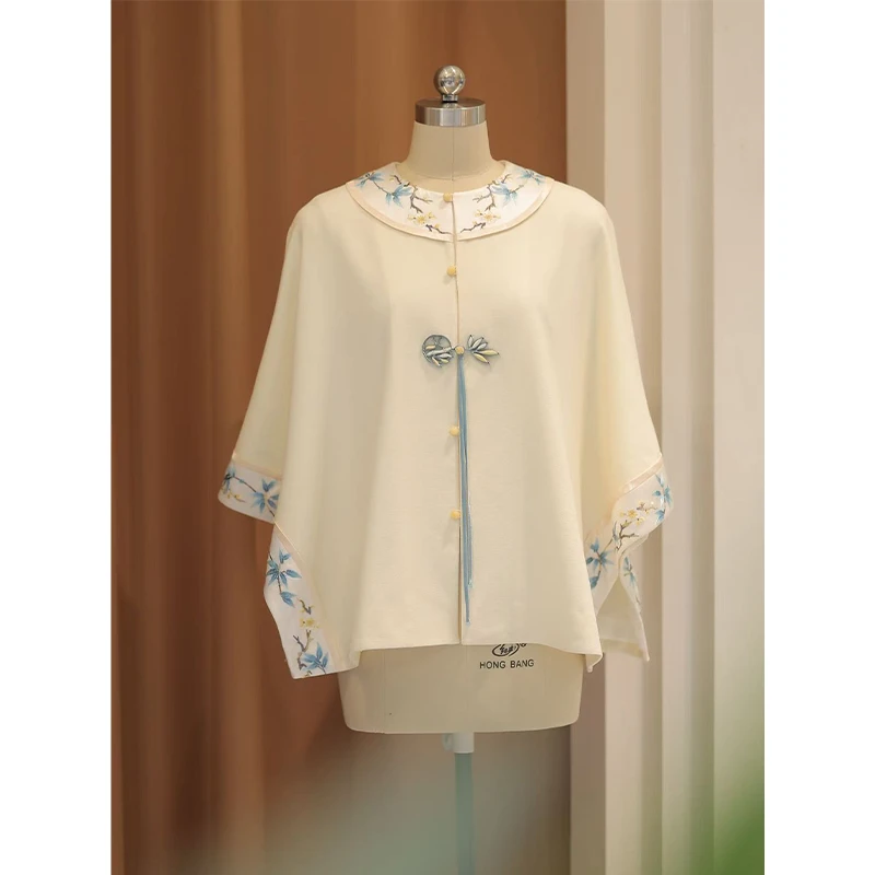 【皎兮】良辰媄锦绣花绵羊毛百搭米杏色披肩外套衣长约64CM