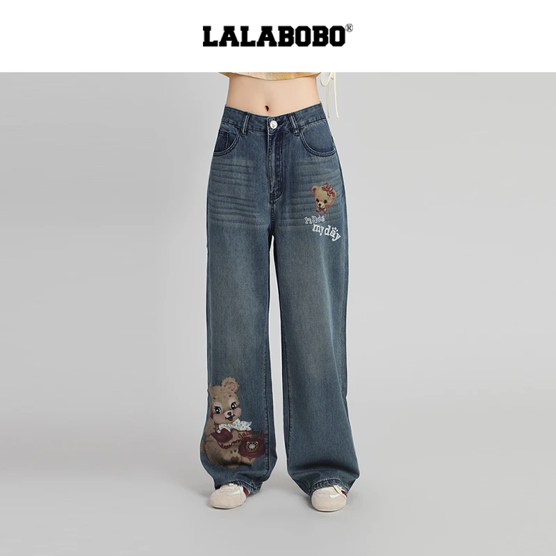 【芋总】LALABOBO牛仔裤25年秋新款原创休闲阔腿松弛感印花裤RBEC-Z