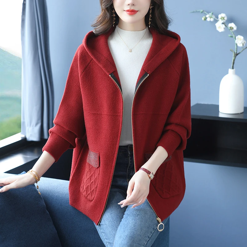 连帽毛呢开衫秋冬加厚时尚洋气胖妈妈加肥加大码外套2025新款女装