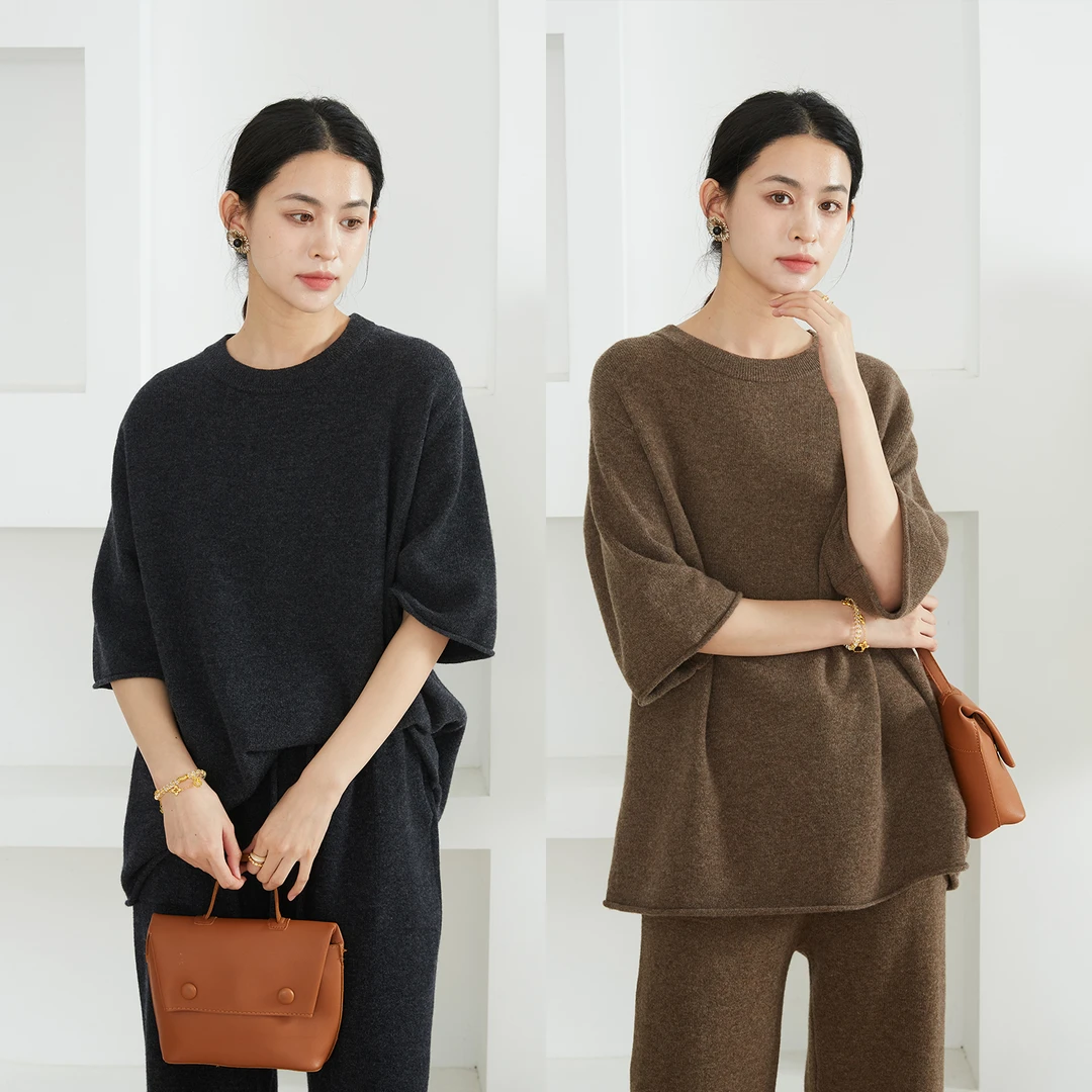SILVIYE100美丽诺羊毛26支卷边阔版慵懒针织上衣女毛衣秋MY52007