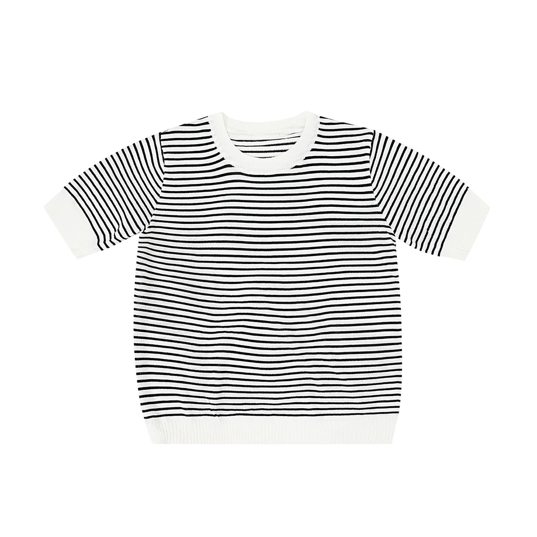 撞色条纹时尚短袖立体条纹针织衫5501