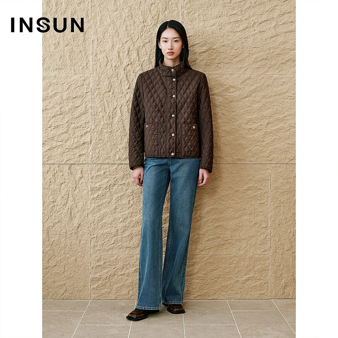 INSUN恩裳2025春季菱形格立领棉服外套