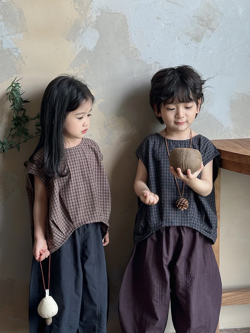 2025夏季新款格子无袖背心男女宝宝森系复古开叉上衣