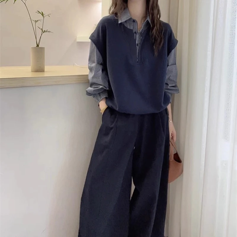 秋季大码女装胖MM独特漂亮假两件拼接格子长袖衬衫女宽松慵懒上衣