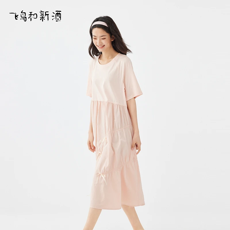 【艾钱钱】飞鸟和新酒拼接短袖粉色连衣裙减龄女裙FD430182160