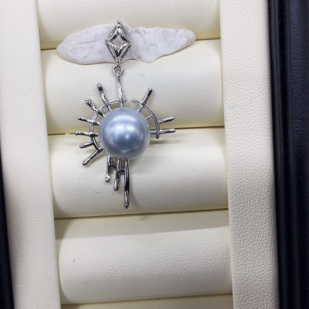 海水珍珠银S925镶嵌吊坠(不含链)铂金灰吊坠11-12mm