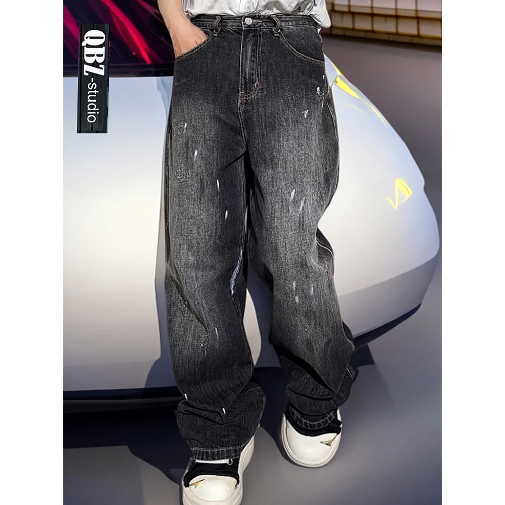 巴黎潮牌黑灰色宽松大直筒牛仔裤泼墨设计感垂感薄款男阔腿裤夏季