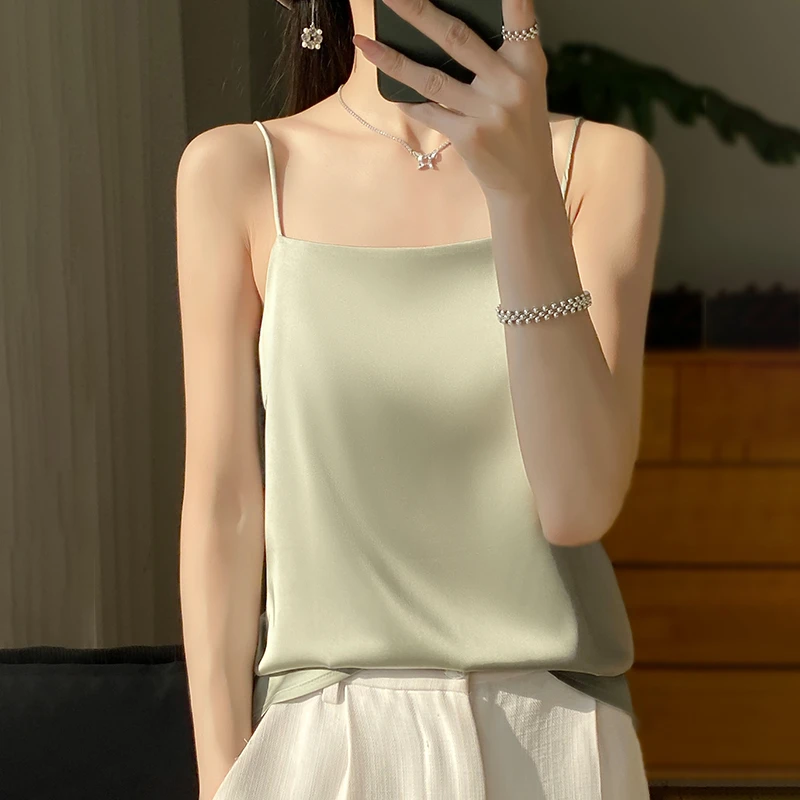小吊带背心女白色西装内搭2025夏季新款百搭打底衫一字领缎面上衣