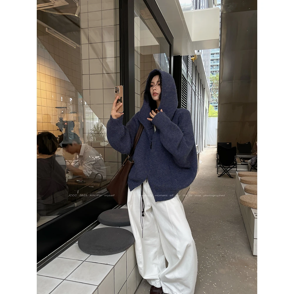 JCCC影子【异想界】蓝色复古花纱高领连帽针织毛衣外套JE4FSW18