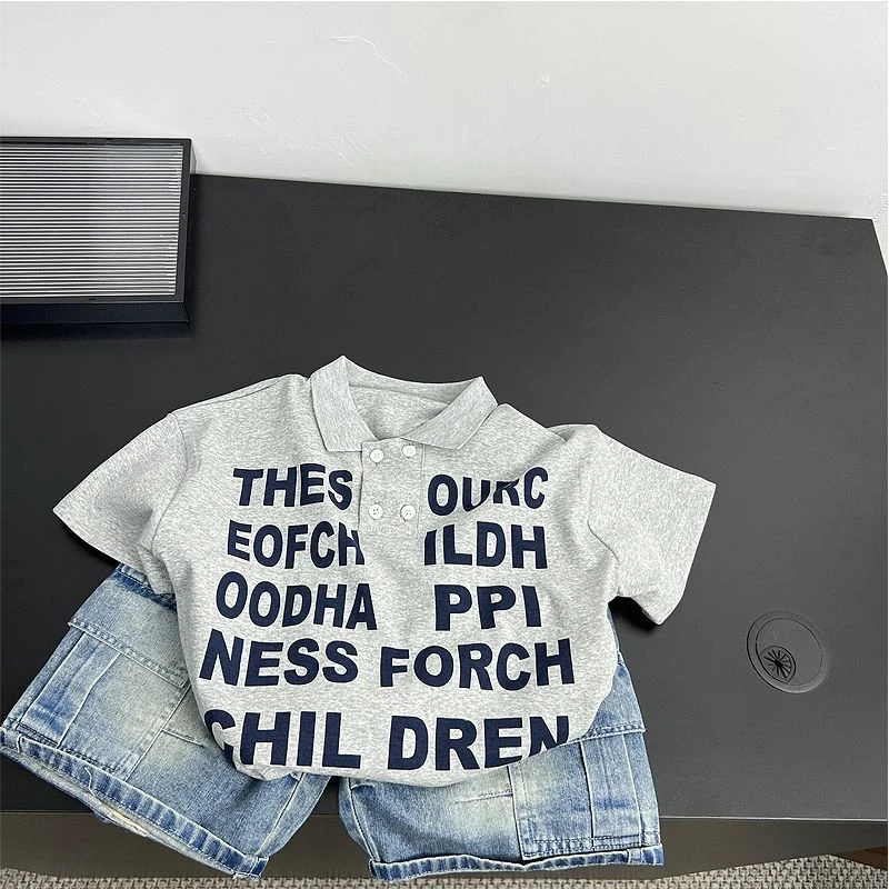 男童t恤短袖polo衫夏装新款男宝宝短裤套装时尚牛仔五分短裤