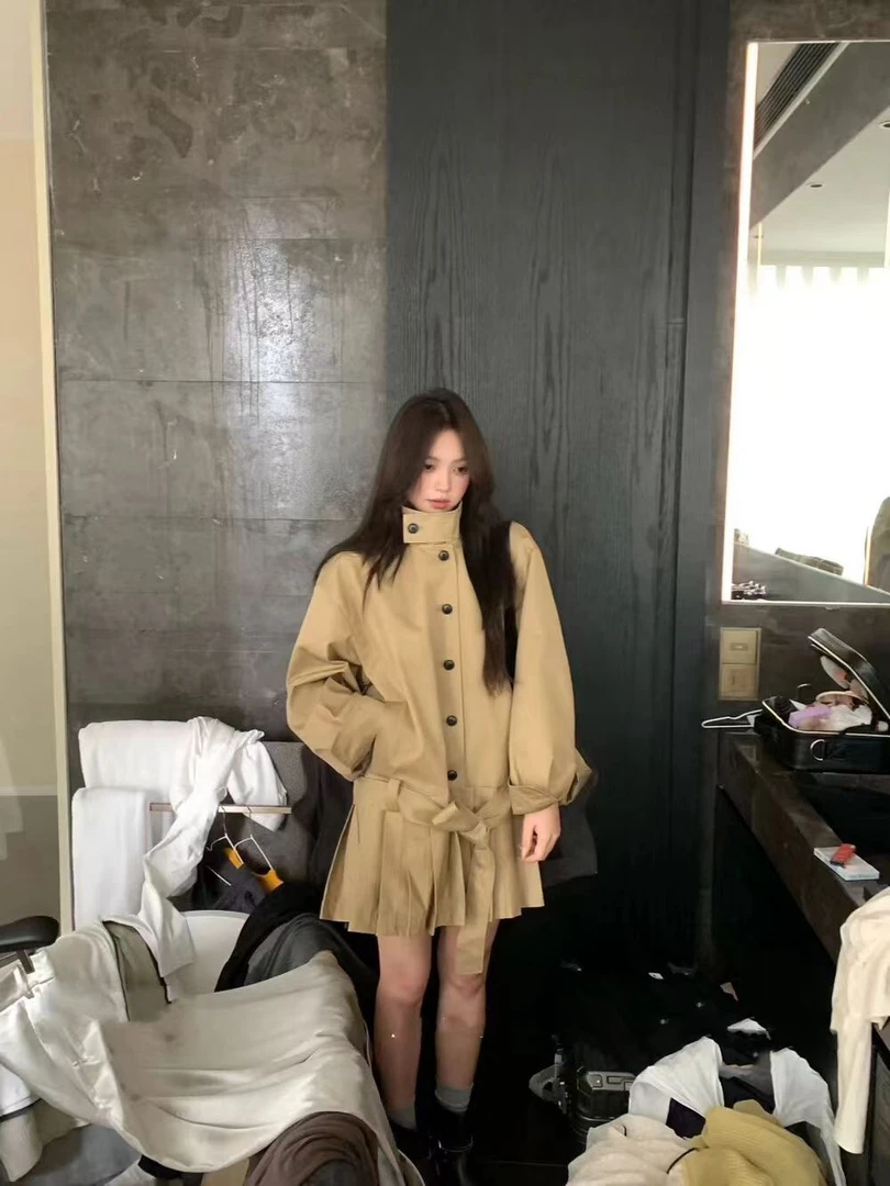 米古古WHMT# 1231#库 英伦风复古卡其立领风衣百褶连衣裙（衣长80）