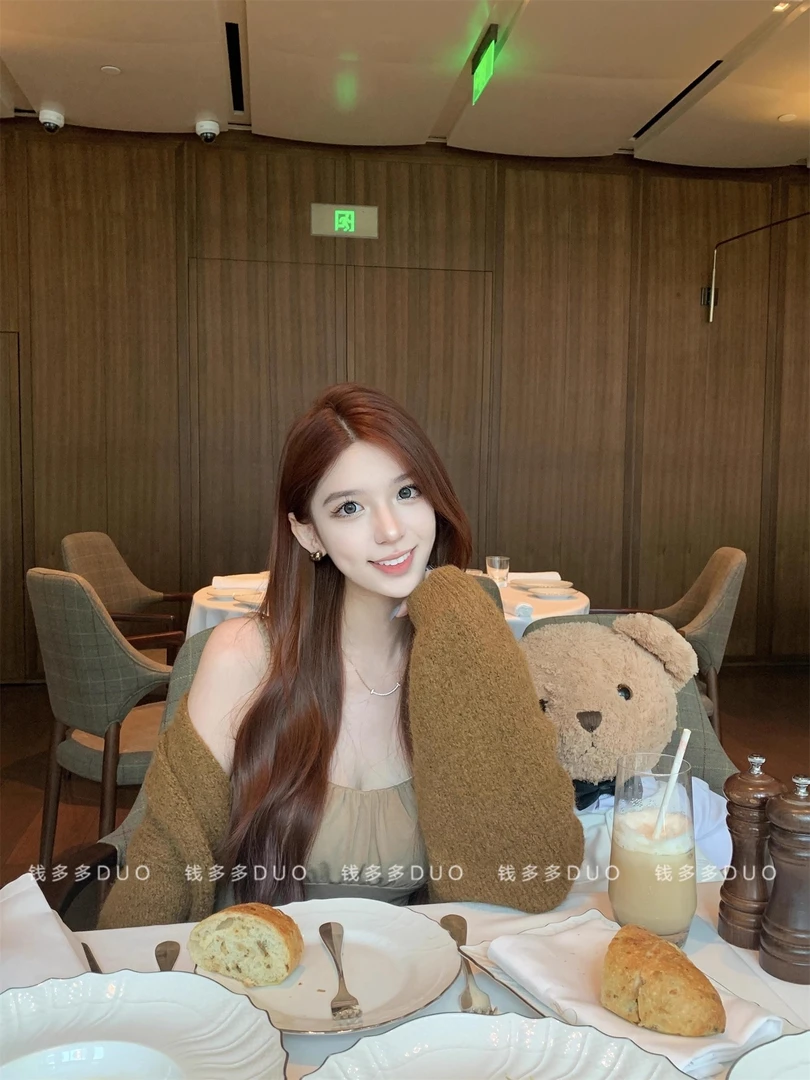 韩系早秋chic套装慵懒松弛感毛线衣开衫外套吊带背心半身裙三件套