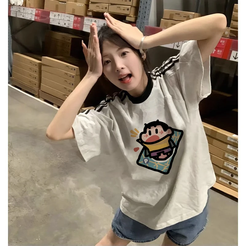 新款美式复古三条杆短袖t恤女夏季宽松休闲百搭小个子卡通上衣ins