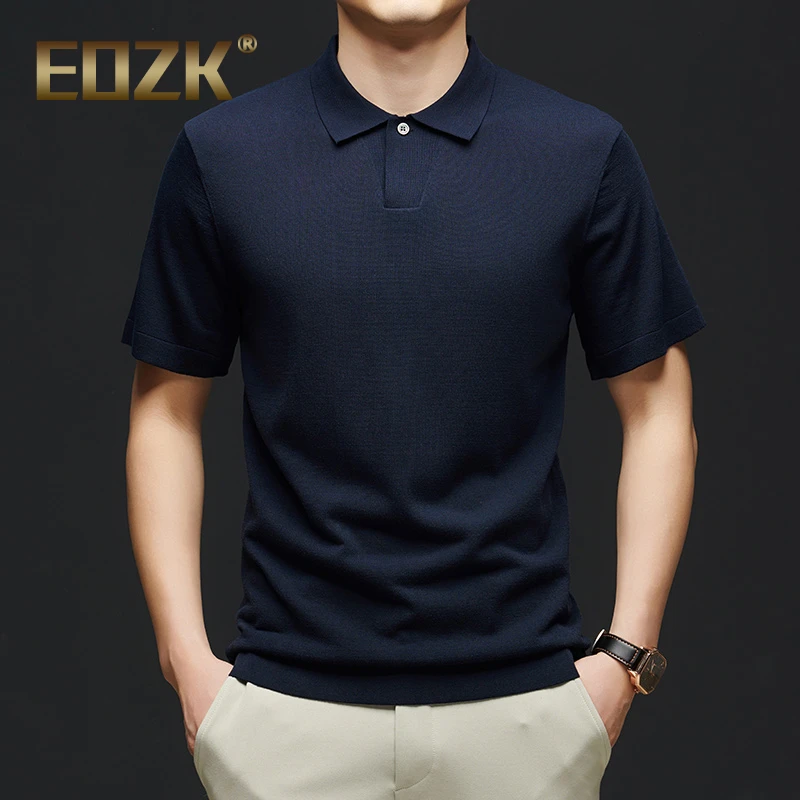Eozk老钱风POLO领针织T恤男超细16针针织衫1粒扣夏季翻领Polo短袖
