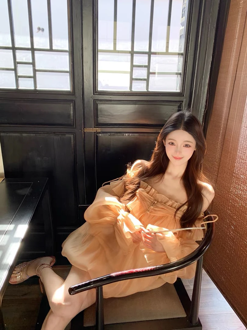 JUJU烟雨雾紫甜美温柔气质一字肩长袖连衣裙短裙