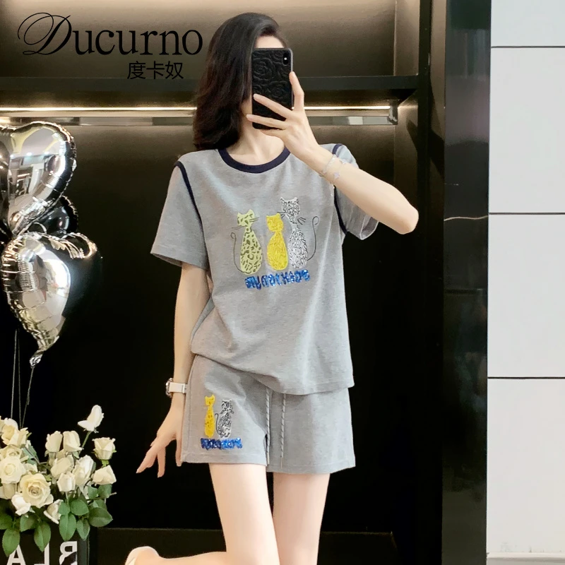 韩版休闲运动短裤套装女夏季看到慵懒风卡通猫咪T恤两件套超级显
