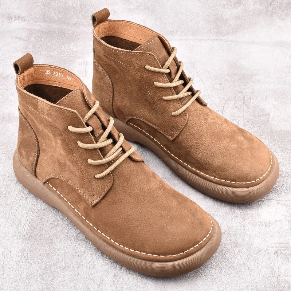 新款宽头休闲男鞋高帮皮鞋男透气软皮软底复古百搭中帮男靴子