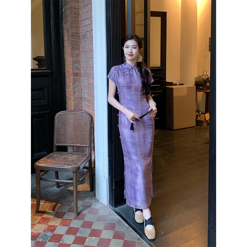 凌茜【桔梗】国风新中式紫色晕染高级感长裙修身收腰显瘦旗袍连衣裙