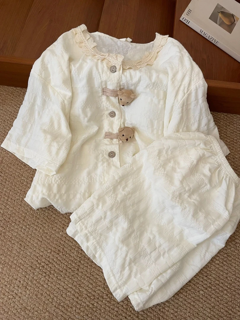 韩系ins卡通睡衣女士夏季薄款短袖2025新款甜美花边大码家居套装