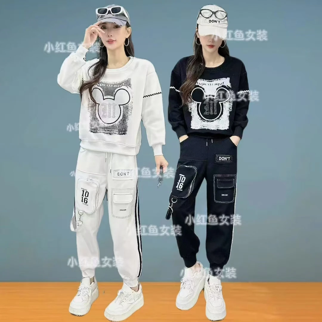 韩版25年早春新款圆领印花时尚米奇头宽松洋气百搭潮流网红两件套