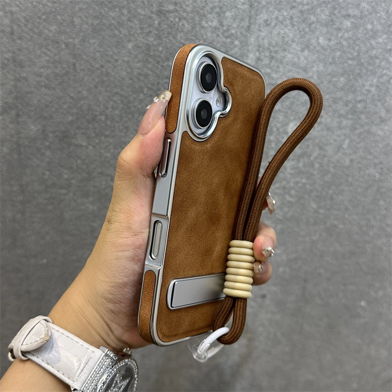 新款苹果16promax手机壳电镀侧贴皮纹适用iphone16隐形支架15男女