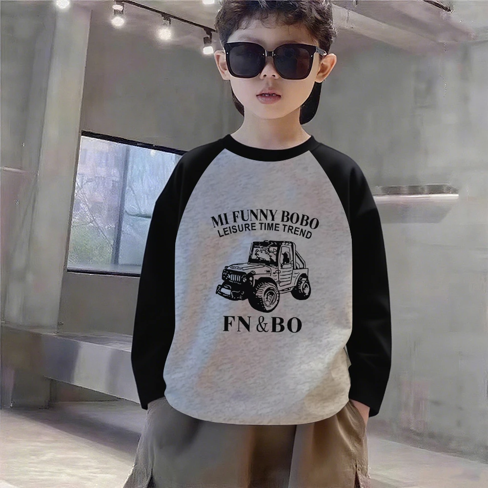 100%纯棉男童拼色圆领长袖T恤春秋季中大儿童卡通帅气印花打底衫