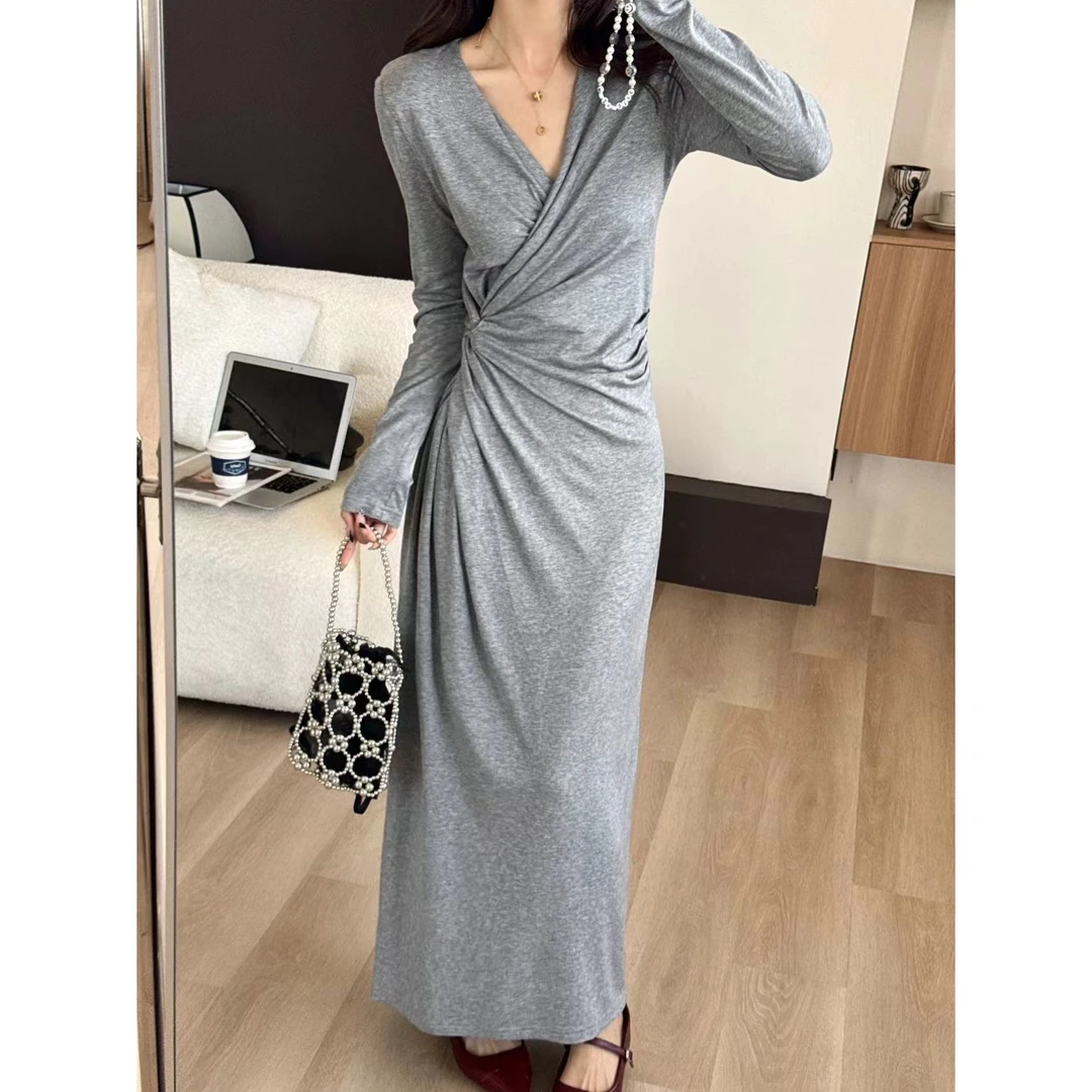 SP气质女神棉质收腰修身不规则抽褶长袖显瘦连衣裙法式长裙