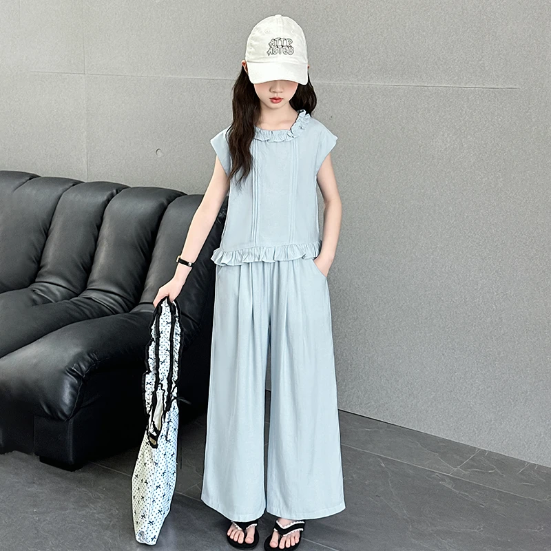 女童夏季套装2025新款洋气时髦大童韩系短袖夏装阔腿裤儿童两件套