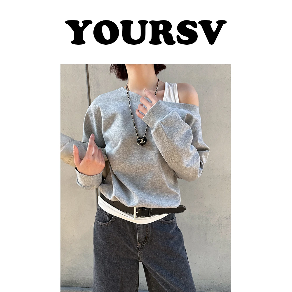 【YOURSV】「斜肩卫衣」春季韩版设计款假两件长袖吊带上衣性感风卫衣