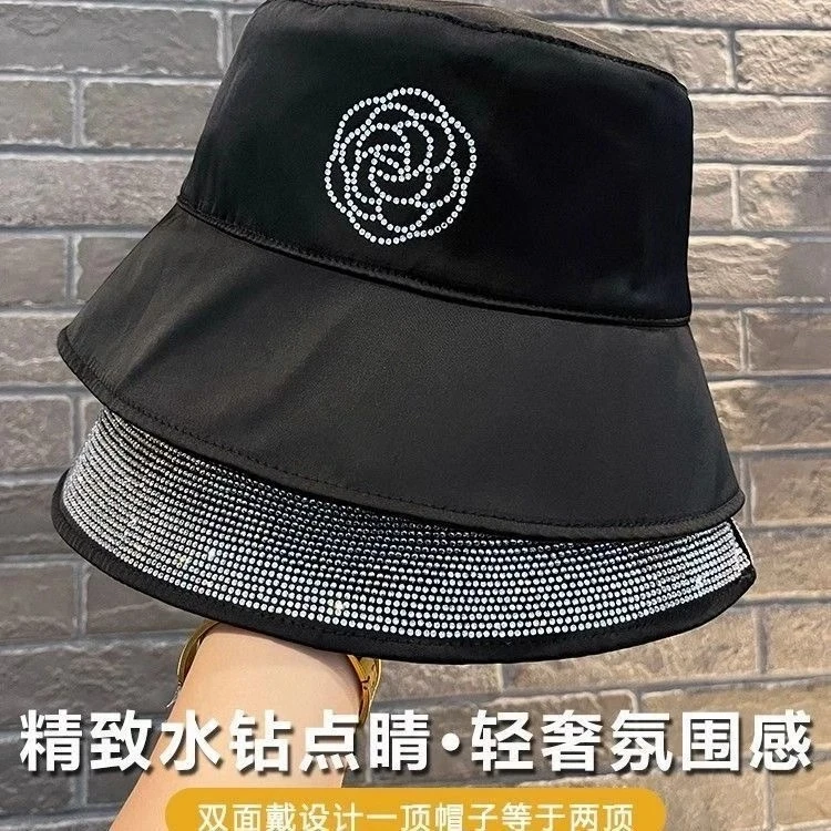 优雅黑色百搭渔夫帽子女2025新款韩版时尚重工水钻双面戴盆帽